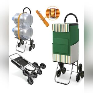 Stair Climbing Cart, Folding Shopping Grocery Cart w/ Bungee Cord, Green 75L